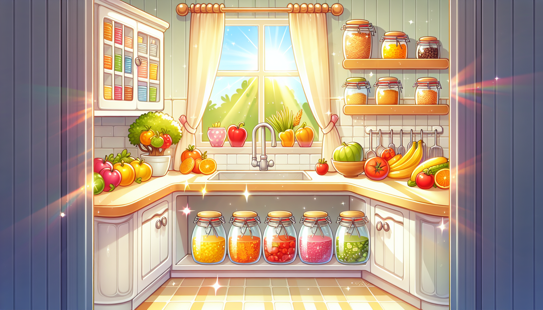 An illustration of a clean kitchen to prevent pests.
