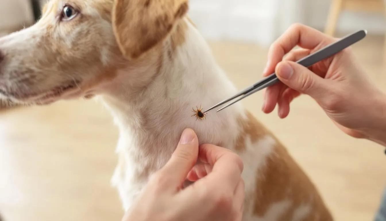 In the image, a person is demonstrating the proper technique for tick removal on a dog