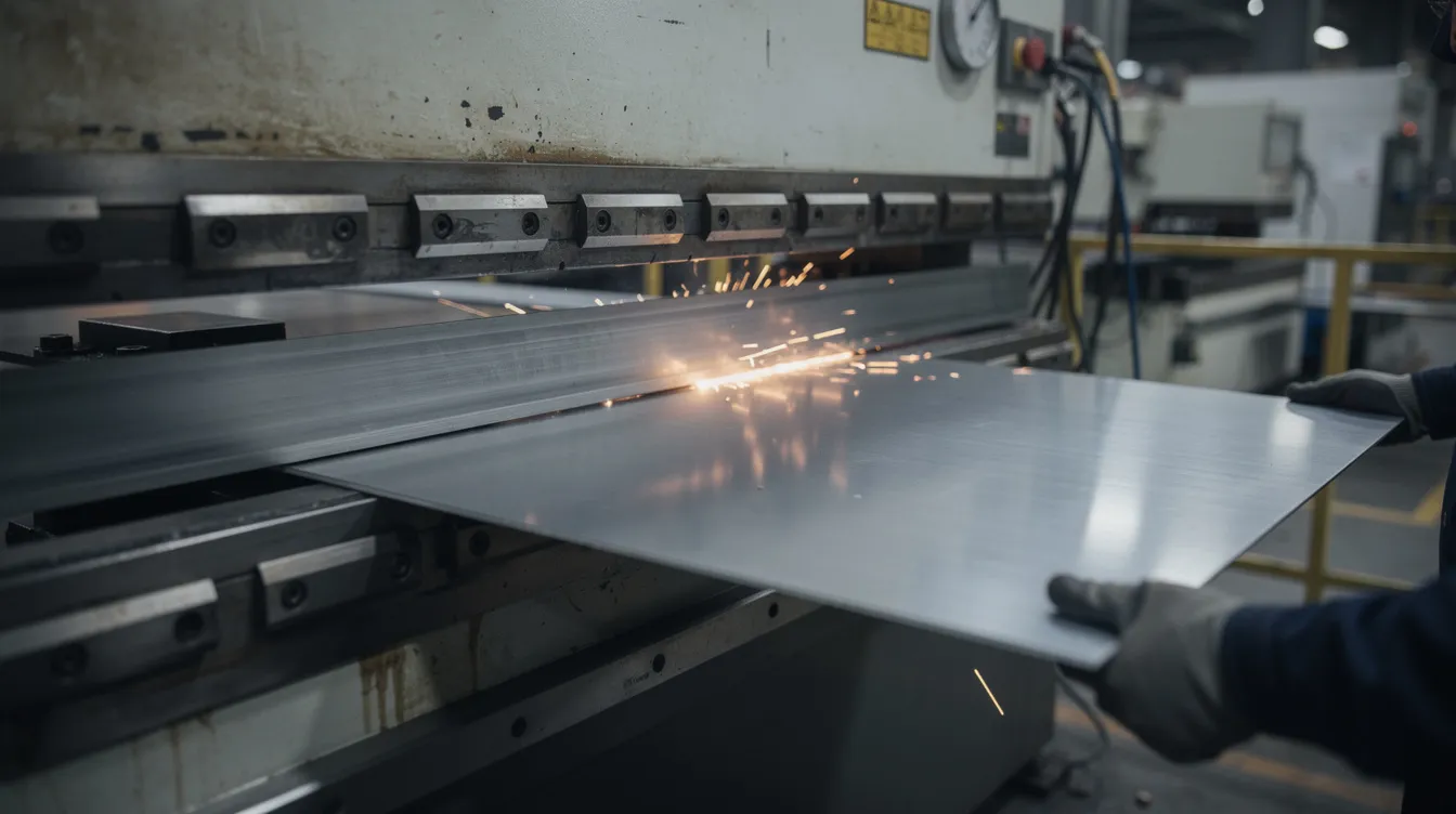 A close-up view of a hydraulic press brake machine in a factory, showcasing the bending process of a sheet metal workpiece. The machine applies force to create a precise bend angle along the bend lines, resulting in a bent metal part with a specific bend radius and consistent results.