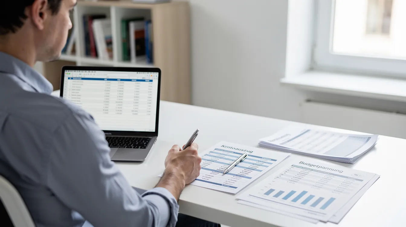 Eine Person sitzt an einem Schreibtisch und überprüft Finanzunterlagen auf ihrem Laptop, während sie sich mit Themen wie Anschlussfinanzierung und Zinsbindung beschäftigt. Auf dem Tisch liegen Dokumente, die wichtige Informationen über Kredite und Konditionen enthalten.