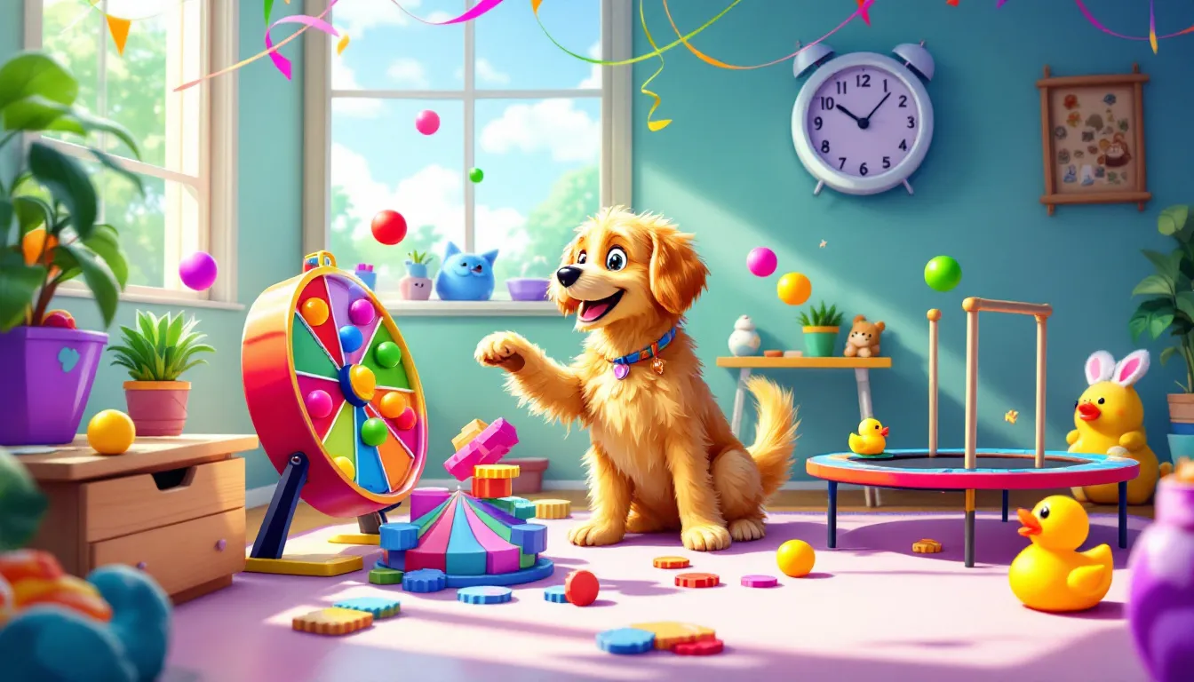 A playful dog interacting with various interactive toys and puzzles.