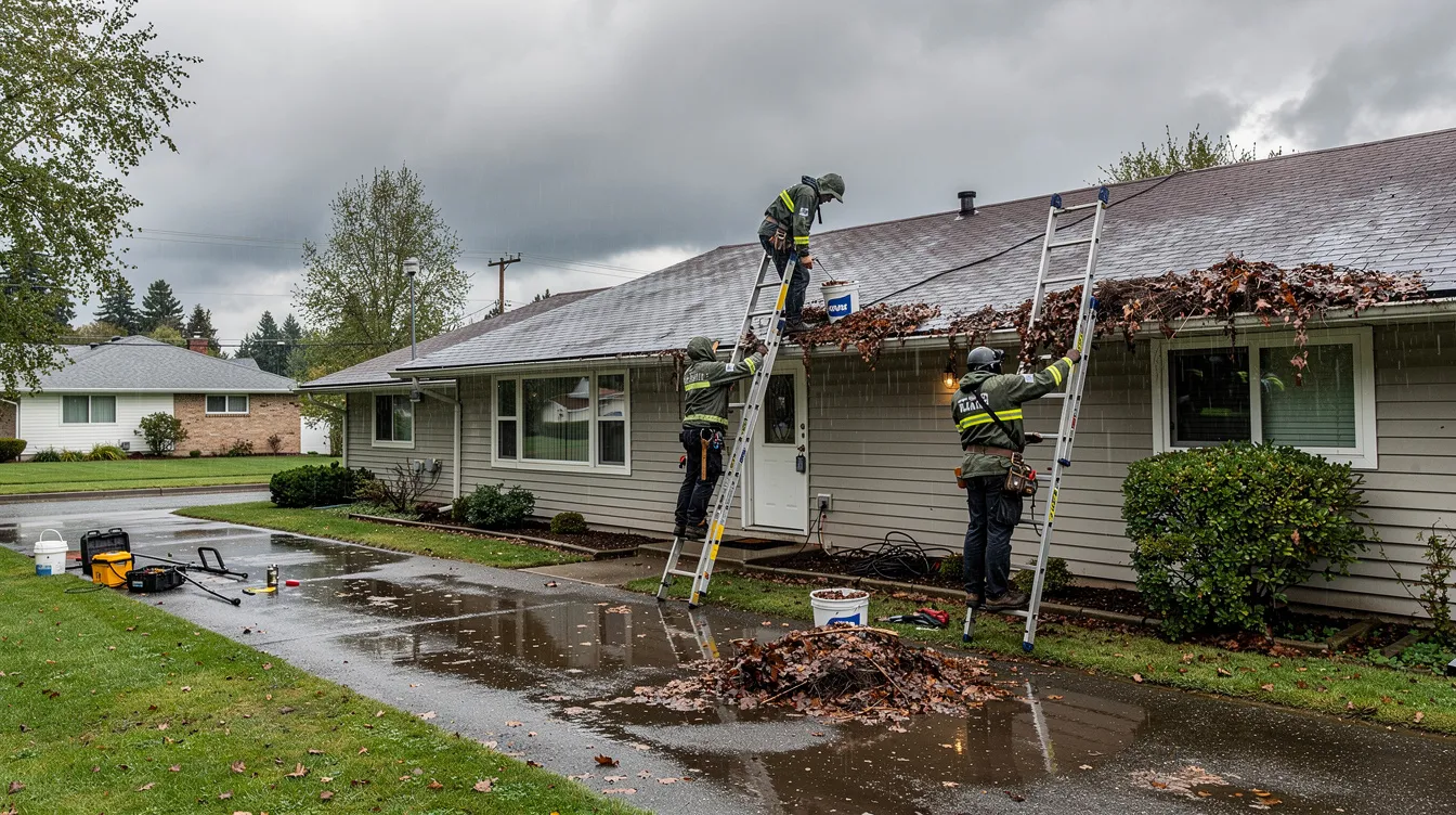 A team of gutter installation professionals is inspecting the seamless gutters of a ranch-style home after a heavy storm, checking for debris buildup and ensuring the well-functioning gutter system is intact. This routine maintenance is essential to prevent costly water damage and maintain the home's curb appeal.