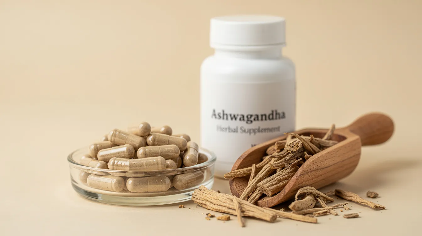 The image features herbal supplement capsules alongside dried ashwagandha root, highlighting a natural approach to dietary supplements that may support energy levels and improve physical performance. This combination is often associated with boosting energy production and enhancing mental focus, making it a popular choice for those seeking to combat fatigue and promote a healthy lifestyle.