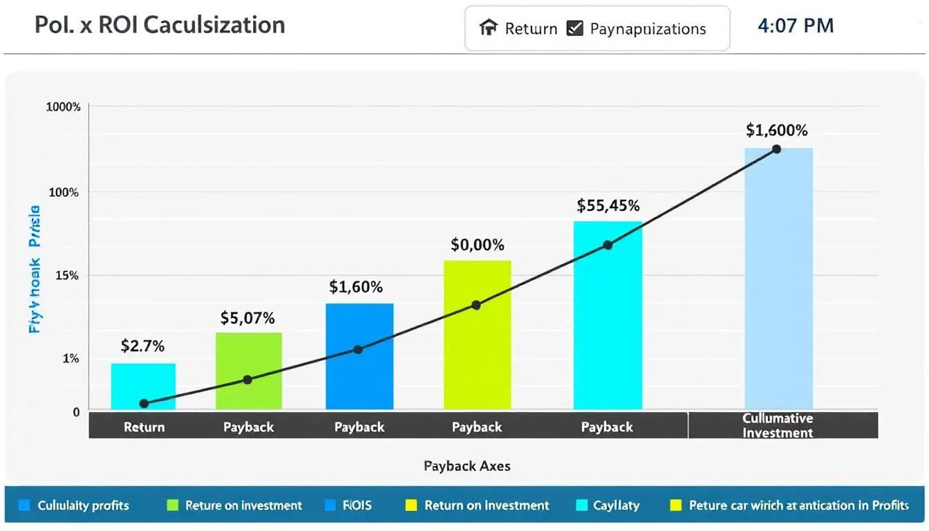 The image depicts a business chart illustrating ROI calculations and payback analysis for investment in five-axis machining, highlighting the advanced capabilities of CNC machines that utilize multiple setups and rotary axes to produce intricate parts with high precision. The graph emphasizes the benefits of reduced cycle times and improved surface finishes compared to traditional machining methods.