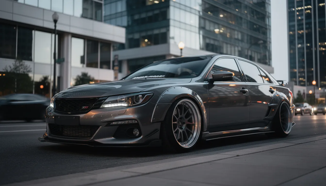 A customized sports sedan featuring striking aftermarket wheels and subtle body modifications is parked in an urban setting, showcasing its unique paint design and personalized details. The vehicle stands out against the city backdrop, blending style with performance.