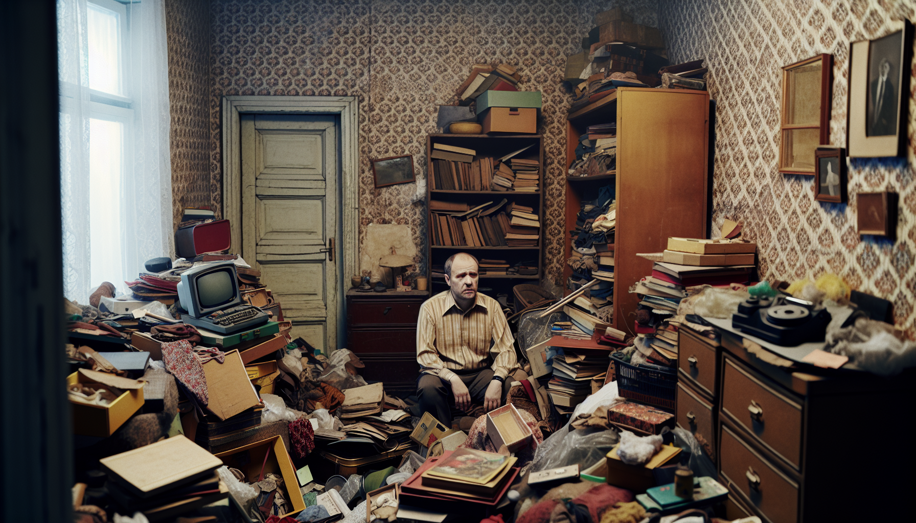 A cluttered room with various items, representing hoarding behavior as a coping mechanism