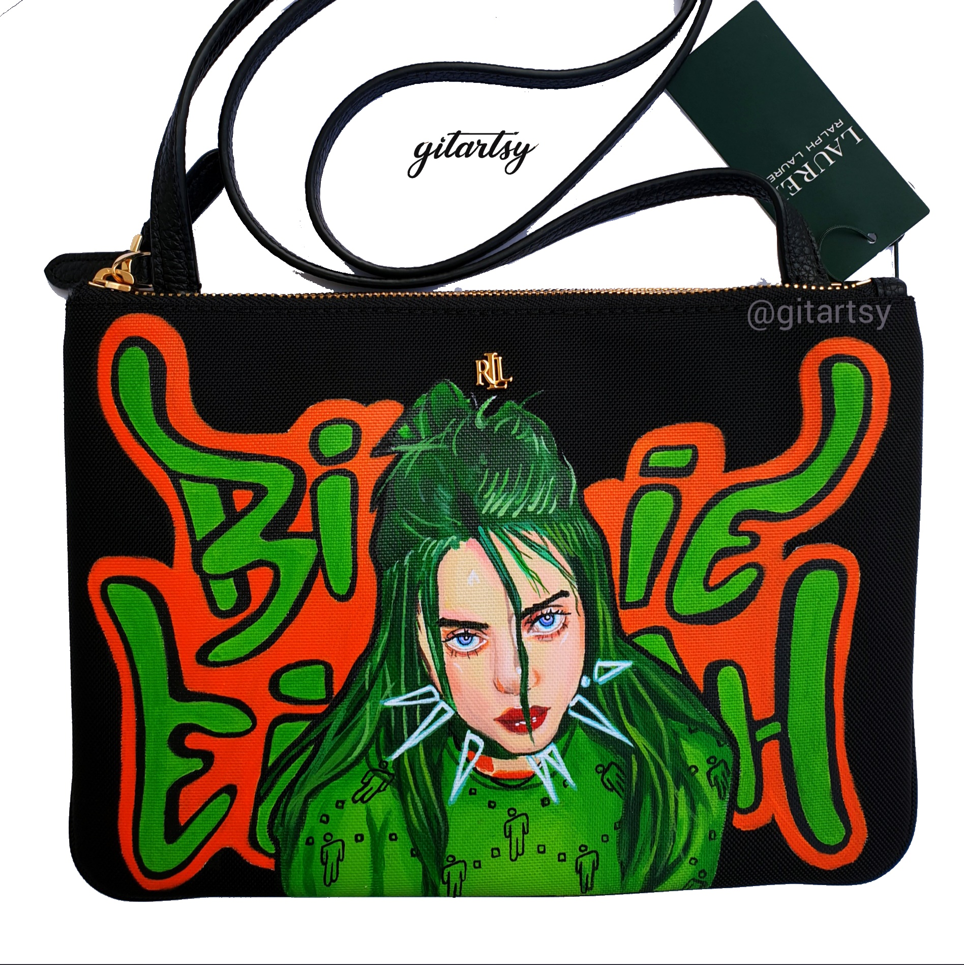 Hand painted bag with a portrait of Billie Eillish 