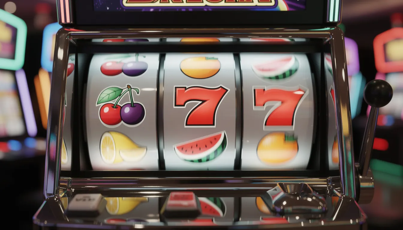En färgglad spelautomat visar snurrande hjul med fruktsymboler som körs i en livlig rytm. Denna bild fångar känslan av spänning och underhållning som du kan uppleva när du spelar hos dbet casino.