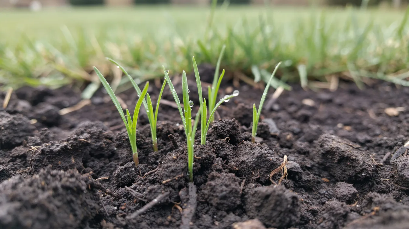 Bright green grass seedlings are emerging from dark, moist soil in a UK garden lawn, showcasing the early signs of growth in a sown area. This vibrant scene highlights the potential of grass seed to create a lush, perfect lawn.