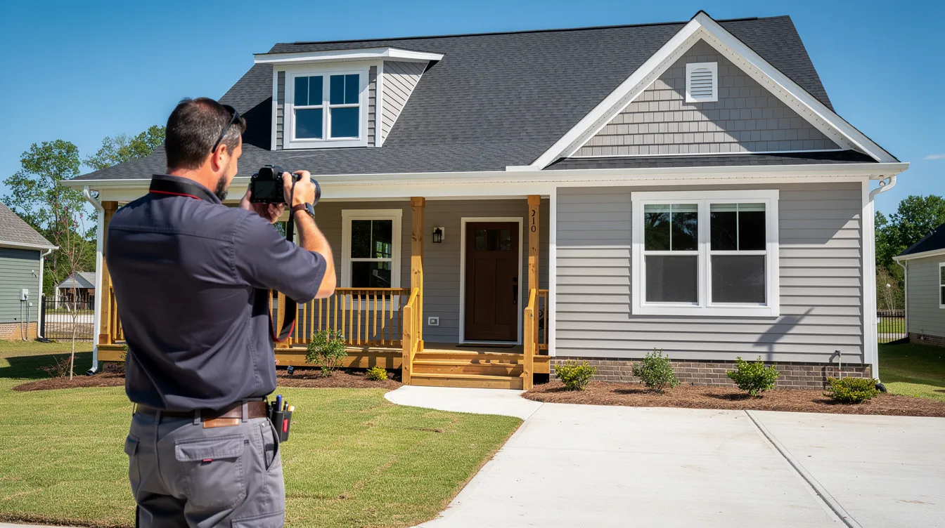 A contractor is capturing a photograph of a beautifully completed exterior home renovation project under bright daylight, showcasing the fresh updates that enhance the property's curb appeal. This image can help local customers find the business on platforms like Google Maps and improve its visibility in local search results.