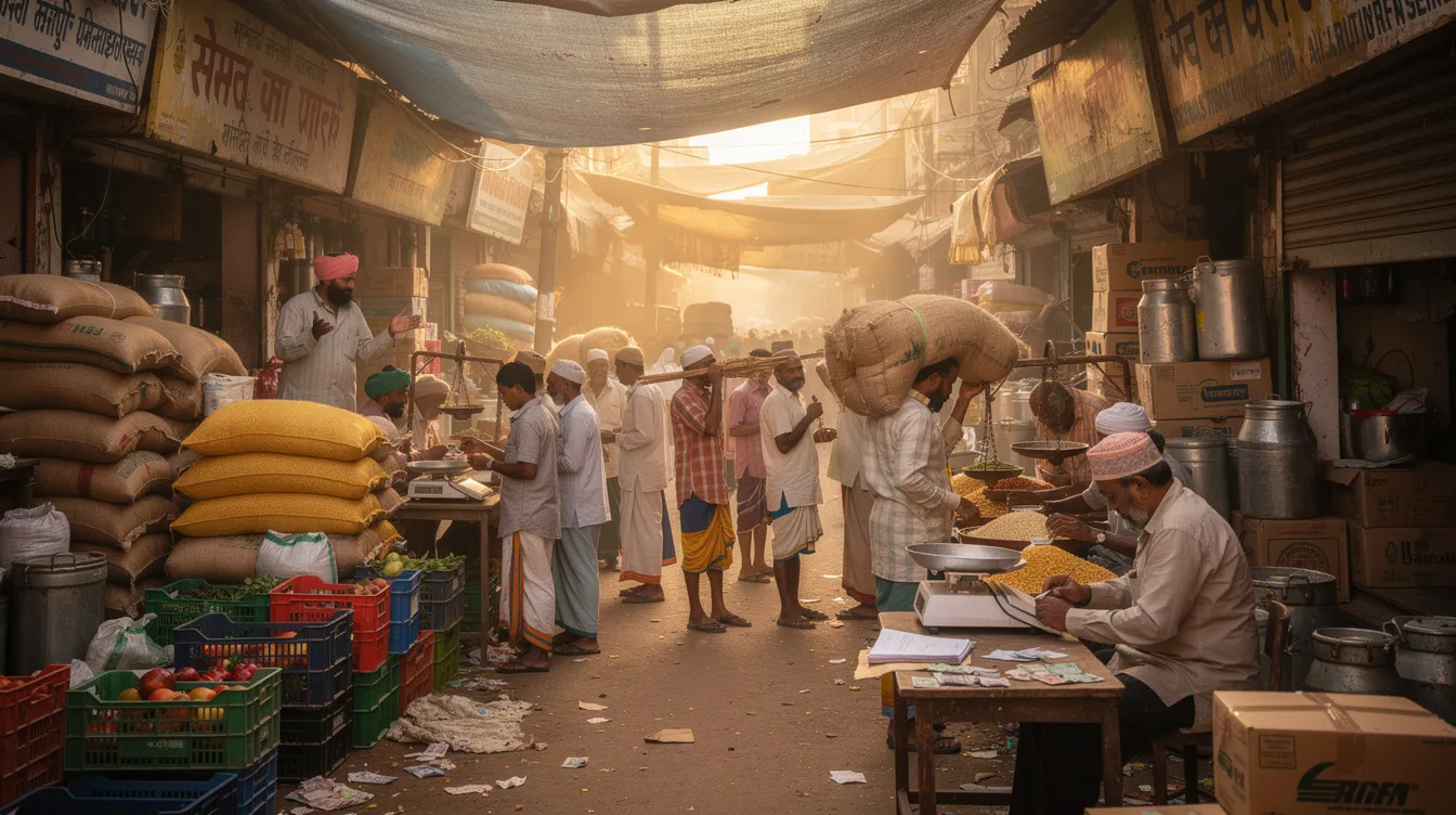 36c569ed f3e0 4624 8571 121b8cdaf750 The image depicts a bustling Indian wholesale market filled with stacks of various goods, where traders are actively negotiating prices and discussing deals. This vibrant scene showcases the dynamic nature of the trading business, highlighting the importance of market demand and the potential for profitable business ventures in India.