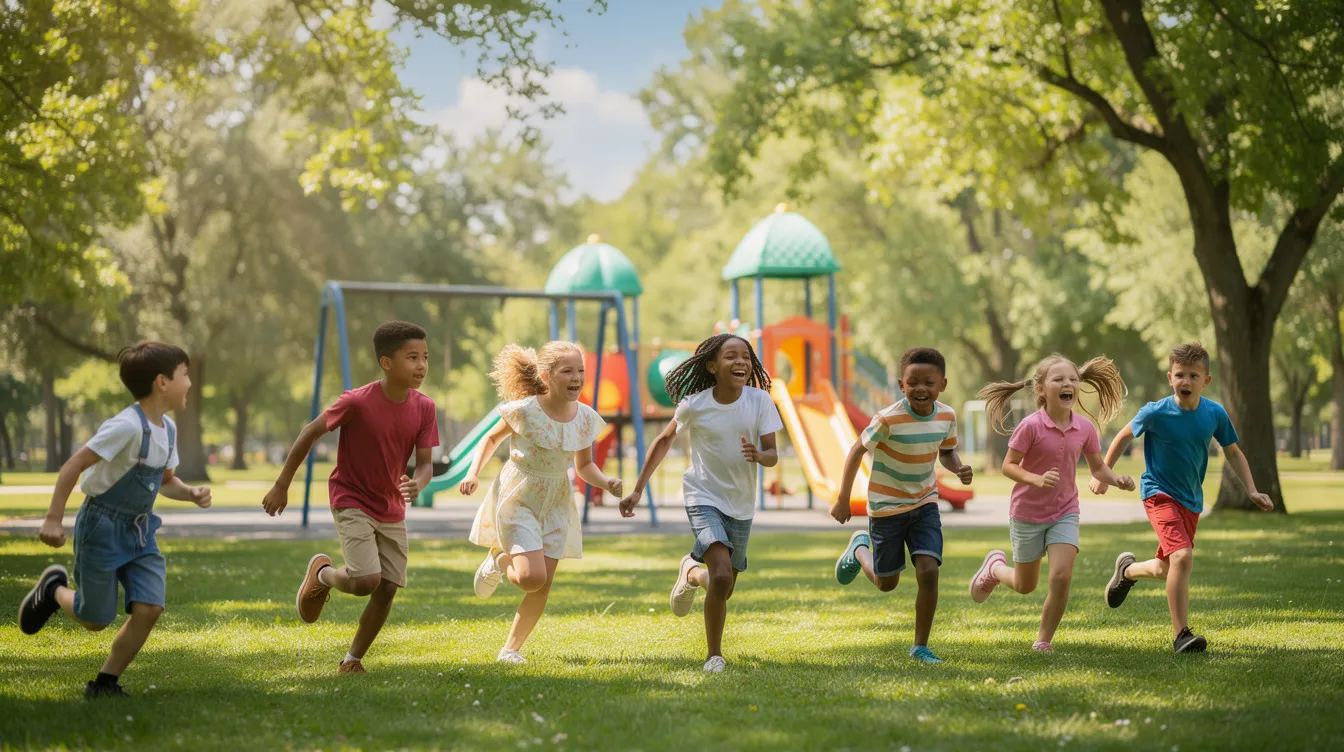 A group of children joyfully run and play in a lush green park, surrounded by tall trees and a colorful playground in the background. This vibrant scene captures the essence of school holidays, where kids can explore, enjoy fun activities, and create positive memories with friends and family.