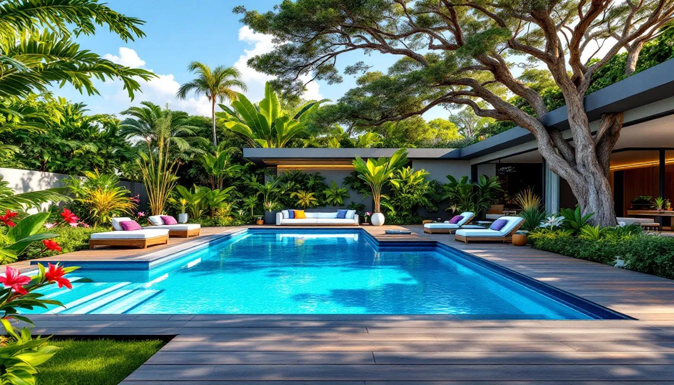 A creative decking design surrounding a fiberglass swimming pool.