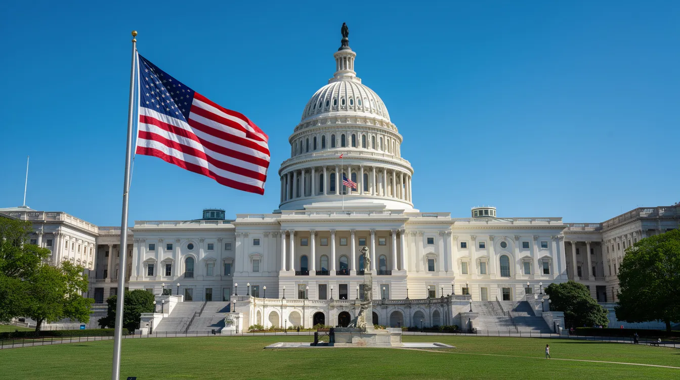 The image depicts a majestic government capitol building under a clear blue sky, with an American flag proudly waving in the foreground. This scene captures a moment of civic pride and reflects the ongoing discussions in AI news about the role of technology in supporting democratic processes.