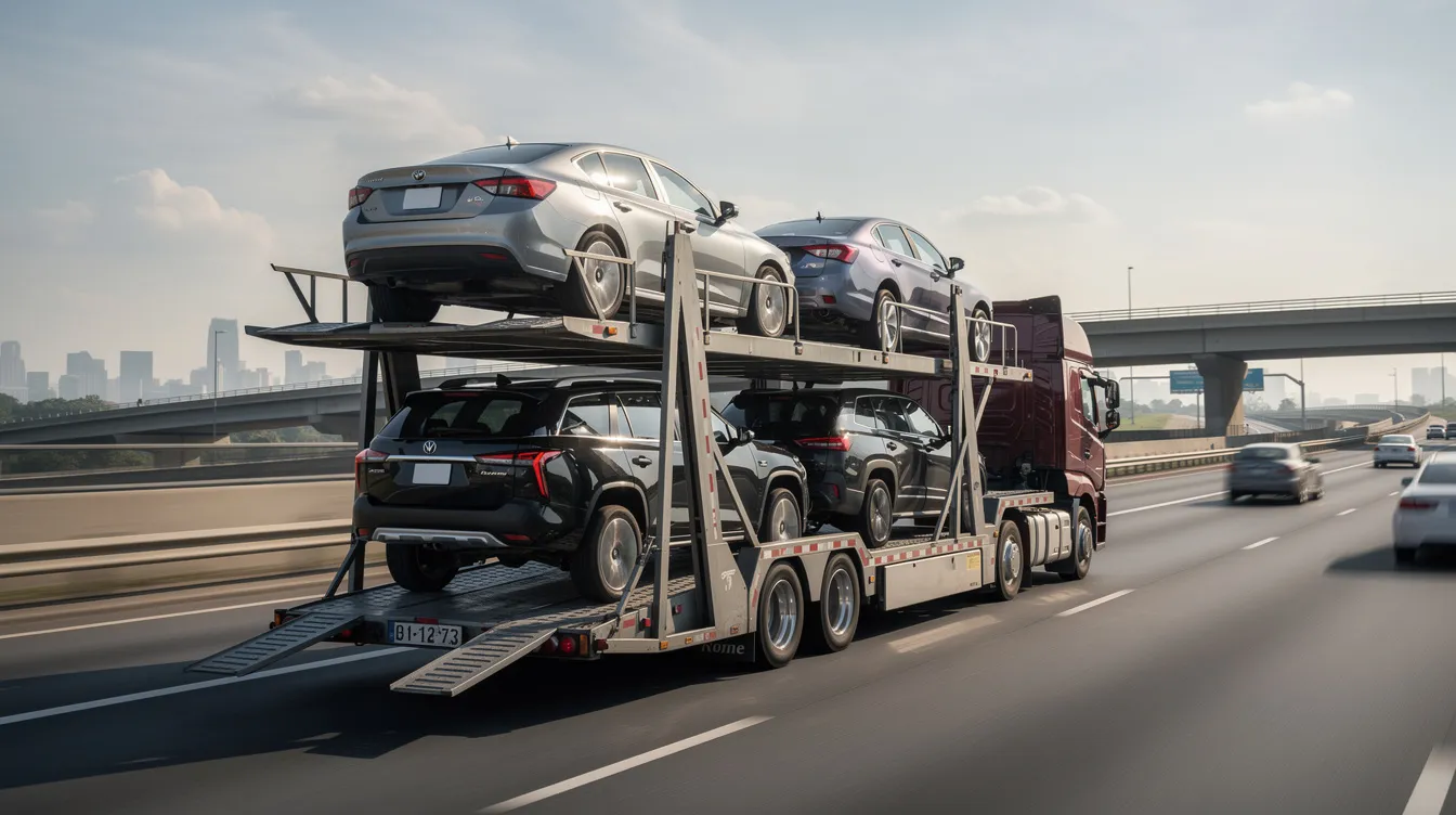 An open car carrier trailer is seen on a highway, loaded with various vehicles including sedans and SUVs, showcasing the efficient auto transport services available for car shipping in Colorado. The scene highlights the process of vehicle transportation, emphasizing the reliability and convenience of shipping cars across the state.