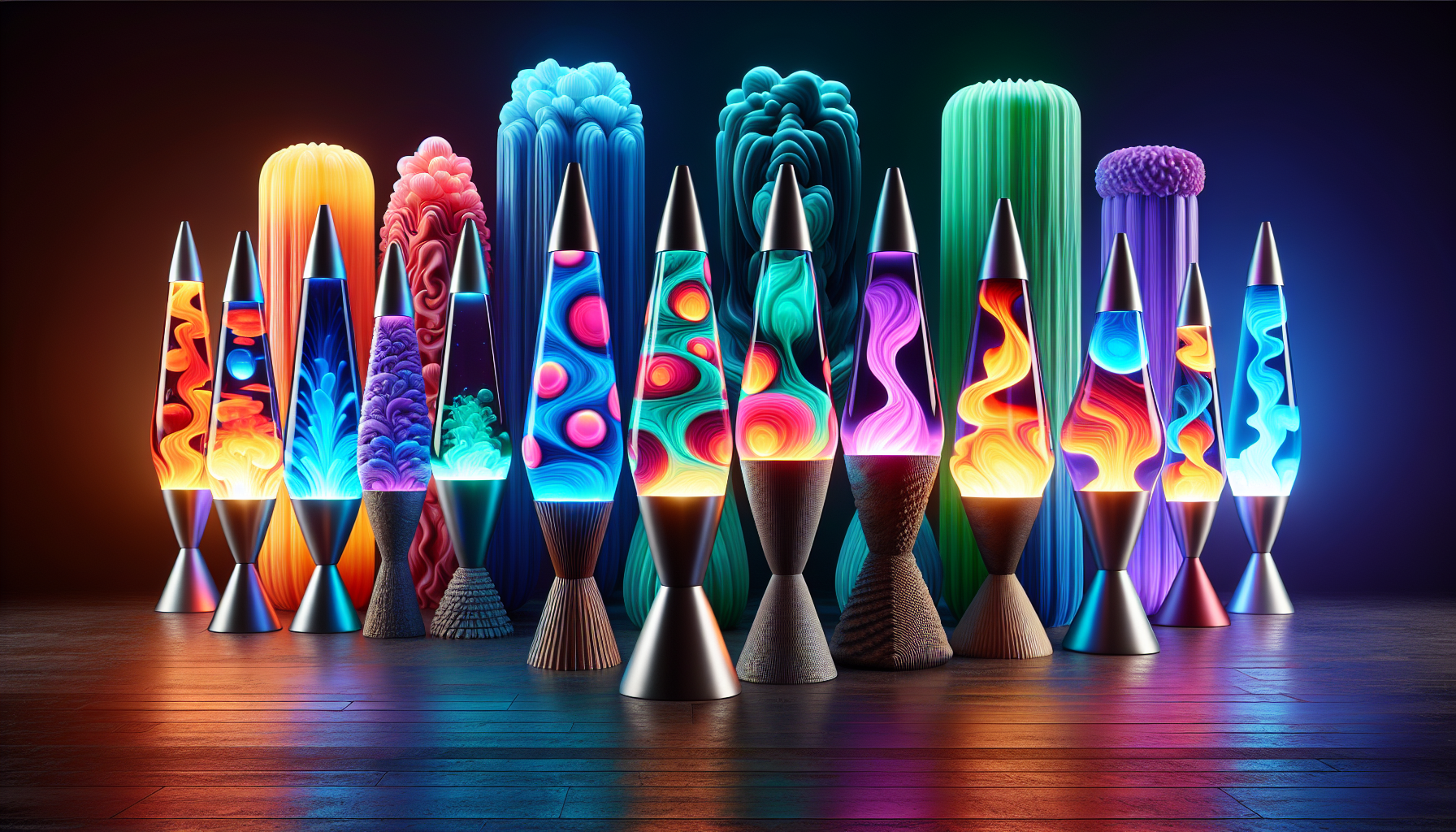 A selection of customizable giant lava lamps in various colors and base designs