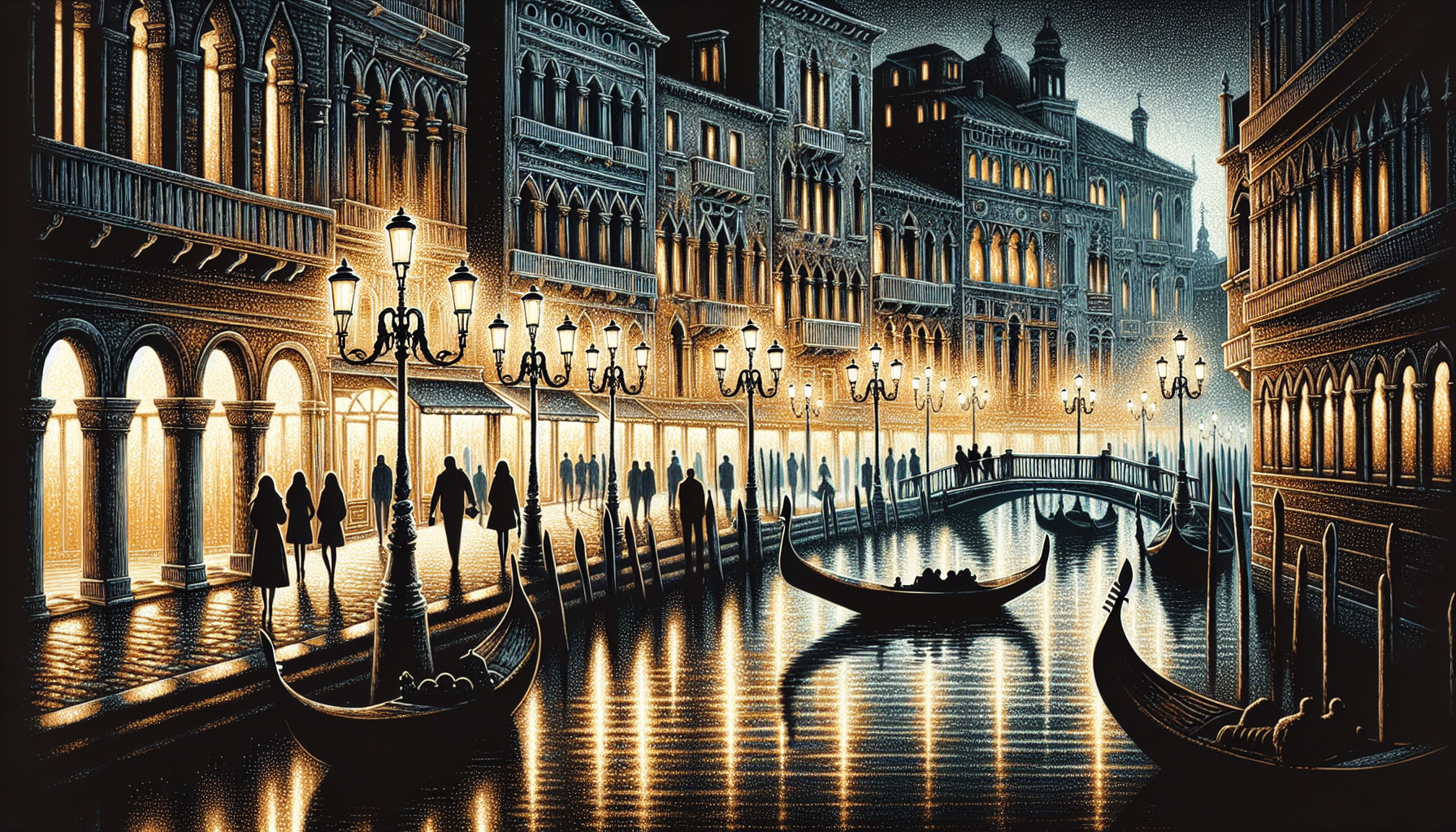 Strolling along the illuminated canals of Venice at night