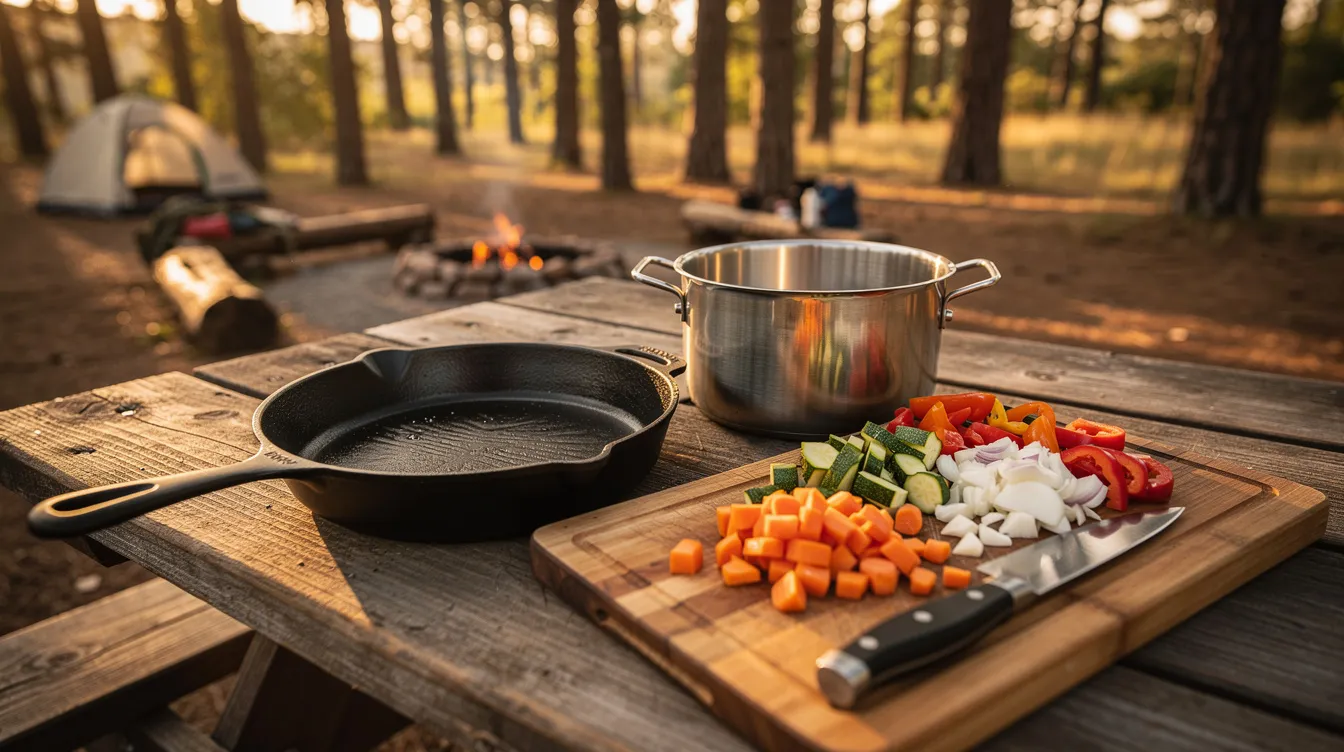 A cast iron skillet and a stainless steel pot sit beside a cutting board adorned with fresh vegetables at a campsite, creating a cozy setup for camp cooking. This scene showcases essential camping cookware, perfect for outdoor enthusiasts on a car camping trip.