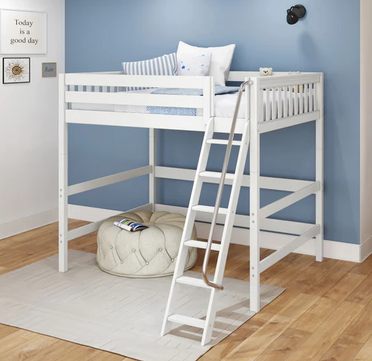white high loft bed with ladder and ottoman underneath