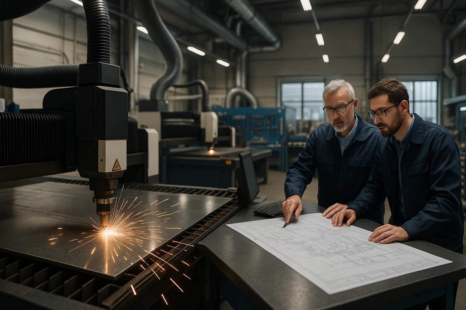 Engineers reviewing CAD designs beside a CNC laser cutter cutting thick steel in a modern fabrication workshop