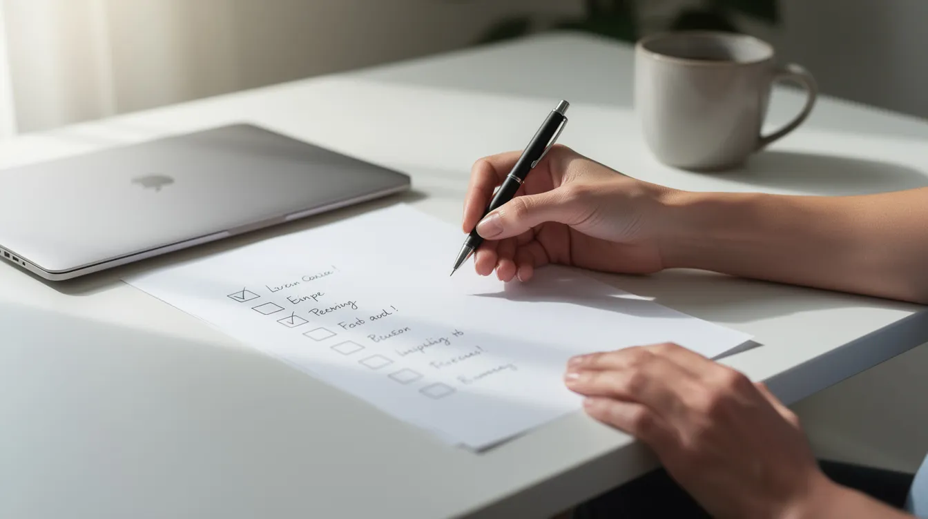 Une personne rédige une liste de contrôle sur une feuille de papier à un bureau.