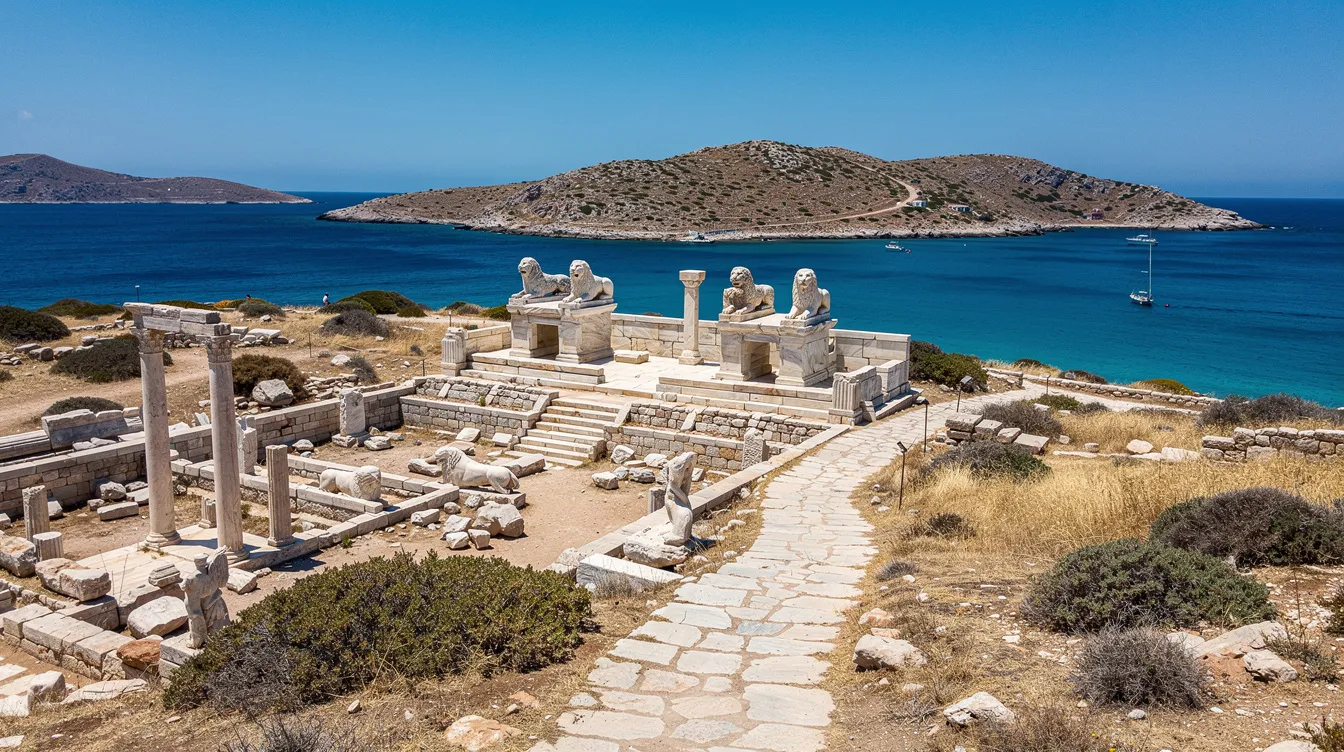 A imagem mostra a Ilha de Delos, na Grécia, famosa por sua rica história grega e ruínas arqueológicas, cercada pelo azul intenso do Mar Egeu. Este local é considerado um dos centros mais importantes da cultura e religião da Grécia antiga, atraindo visitantes de todo o mundo.
