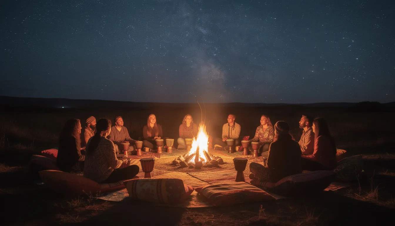 A cozy campfire scene at night features people sitting on colorful cushions, surrounded by traditional drums, with a stunning view of the starry sky above. This gathering captures the essence of glamping in the Sahara Desert, offering a unique and luxurious desert camp experience.