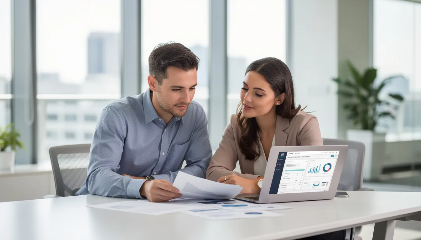 Two individuals are seated at a table in a bright office, reviewing documents and discussing data on a laptop, likely related to airbnb investment strategies and the short term rental market. The atmosphere suggests a collaborative effort to enhance their understanding of profitable airbnb listings and investment property management.