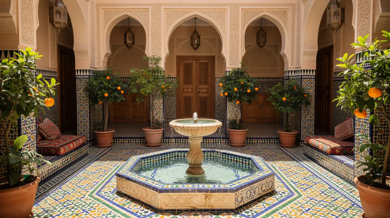 The image depicts a traditional Moroccan riad courtyard featuring a serene fountain surrounded by intricate colorful tiles. This inviting space exemplifies the charming architecture found in Morocco, making it a perfect spot for visitors to relax and enjoy the pleasant weather during their trip.