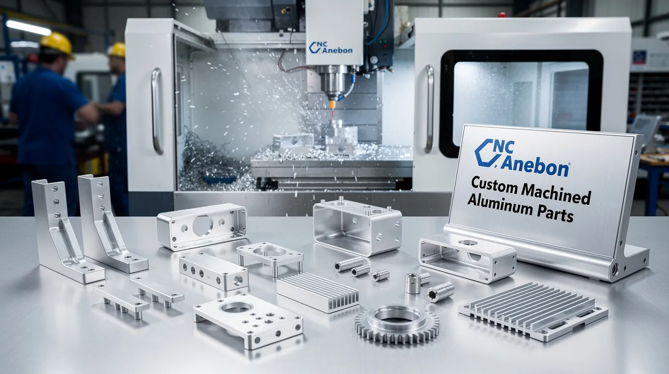 The image showcases custom machined aluminum parts produced by Anebon through CNC machining processes, highlighting their excellent corrosion resistance and tight tolerances. These aluminum parts are designed for various industries, including aerospace and automotive applications, emphasizing their versatility and superior mechanical properties.