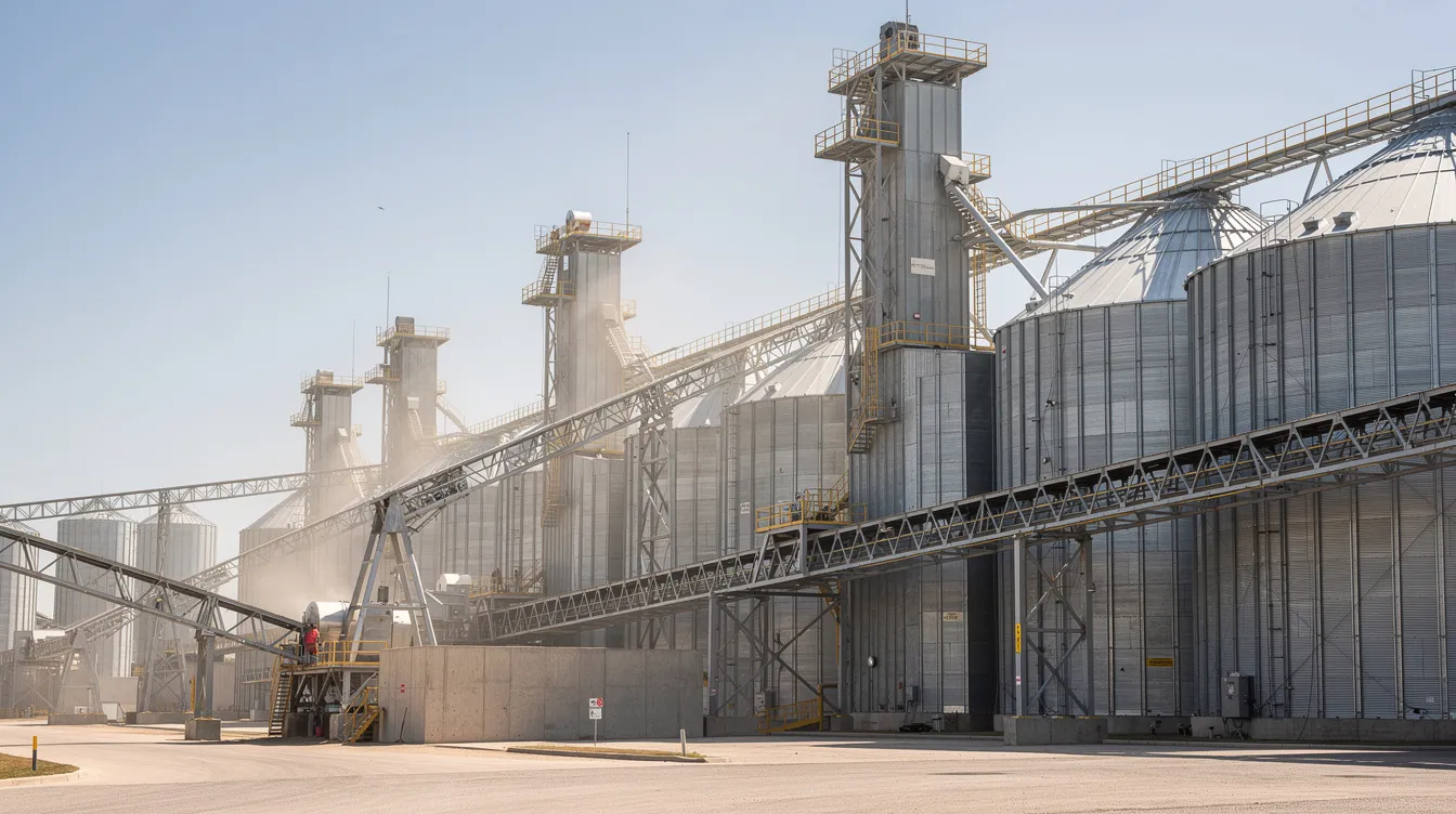 36d8f922 1d47 49a6 ab9d d893bca2dcf5 The image depicts an industrial grain storage facility featuring various equipment such as conveyors, bucket elevators, and several steel silos designed for efficient grain handling. This setup enhances storage capacity and ensures proper aeration and moisture control, crucial for maintaining grain quality during long-term storage.