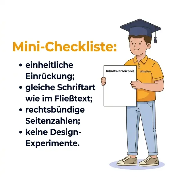 Mini-Checkliste zur Formatierung des Inhaltsverzeichnisses: einheitliche Einrückung, gleiche Schriftart wie Fließtext, rechtsbündige Seitenzahlen, keine Design-Experimente