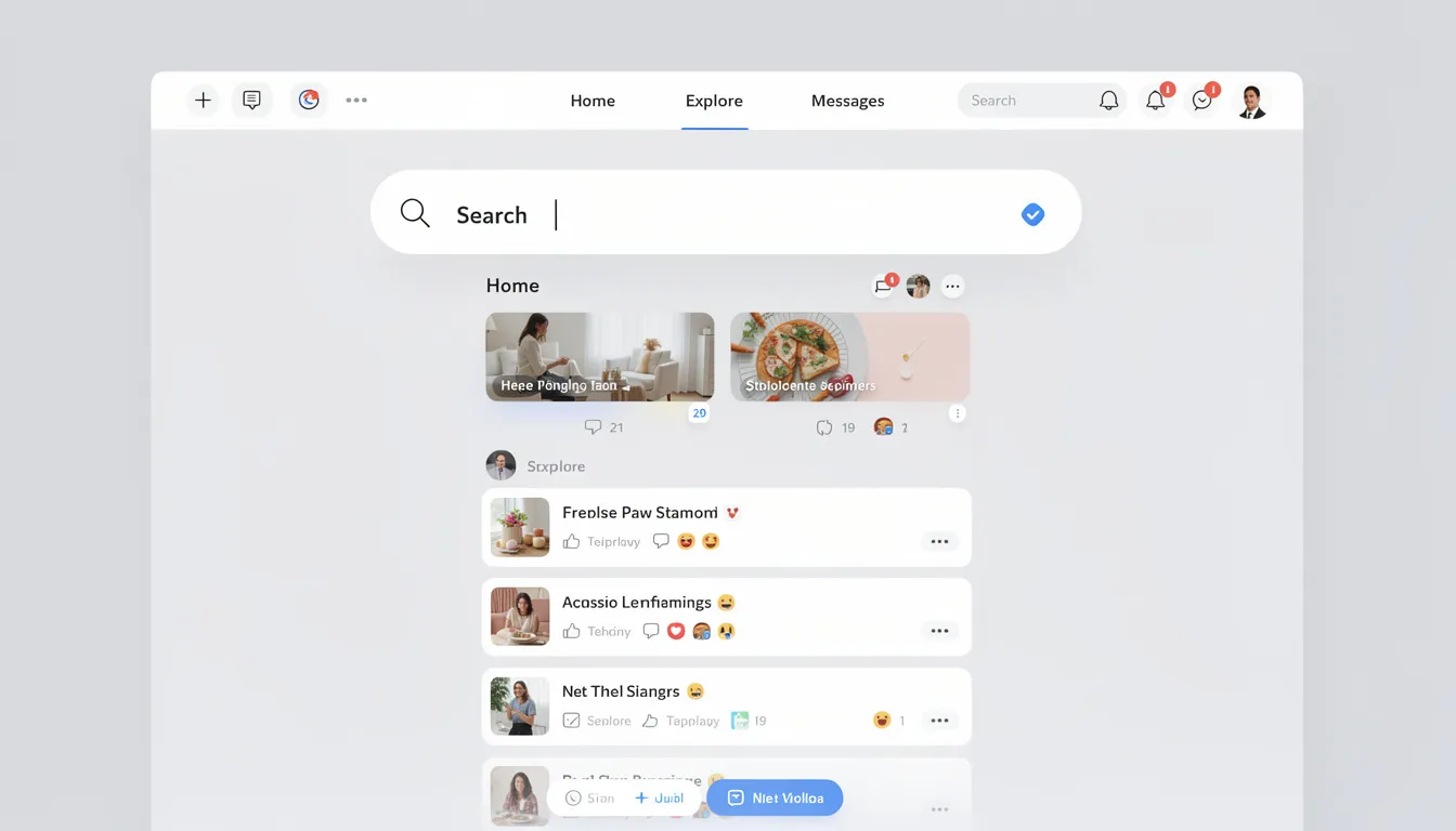 The image depicts a social media platform interface featuring a prominently displayed search bar, allowing users to easily navigate and find relevant social media posts and accounts. This design emphasises the importance of search engine optimisation for enhancing brand visibility and improving social media marketing efforts.