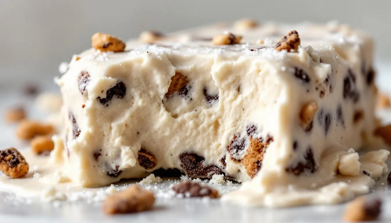 A close-up view of a premium ice cream bar reveals a smooth, creamy interior filled with real inclusions like cookie chunks and fruit pieces, showcasing its rich texture. The indulgent treat, appearing perfectly frozen with condensation droplets glistening in the light, is set against a clean white background, emphasizing its high protein content and guilt-free indulgence.