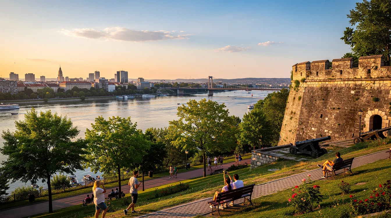 A imagem mostra uma vista deslumbrante de Belgrado durante o verão, com o céu azul claro e a vegetação vibrante, destacando a beleza da capital da Sérvia. Ao fundo, é possível ver o rio Sava, que se mistura ao ambiente urbano, refletindo a rica cultura e história da cidade, um dos destinos mais atraentes da região dos Balcãs.