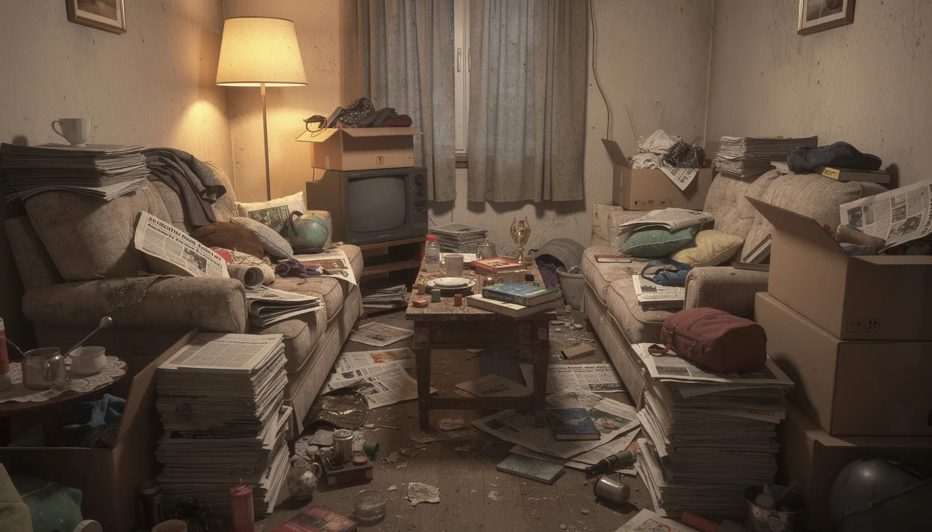 The image depicts a cluttered living room overwhelmed with stacks of newspapers, boxes, and various household items, illustrating the challenges faced by individuals with hoarding disorder. This chaotic environment highlights the difficulty in discarding possessions and the significant distress that often accompanies compulsive hoarding behavior.