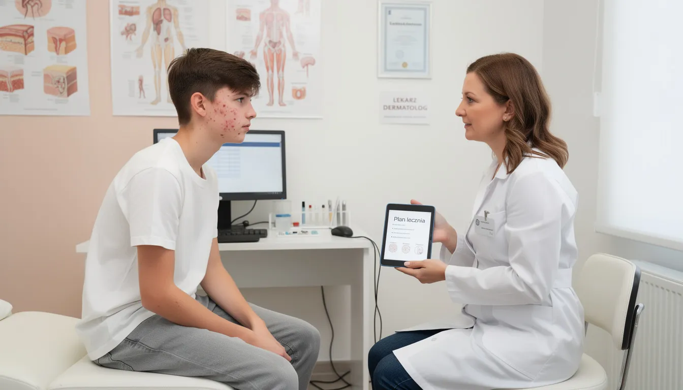 Na obrazie widoczny jest lekarz dermatolog rozmawiający z nastoletnim pacjentem podczas konsultacji dotyczącej leczenia trądziku młodzieńczego. Lekarz omawia z pacjentem stan jego skóry oraz możliwe metody leczenia, takie jak kompleksowe leczenie trądziku i zabiegi wspomagające, aby poprawić ogólną kondycję skóry.