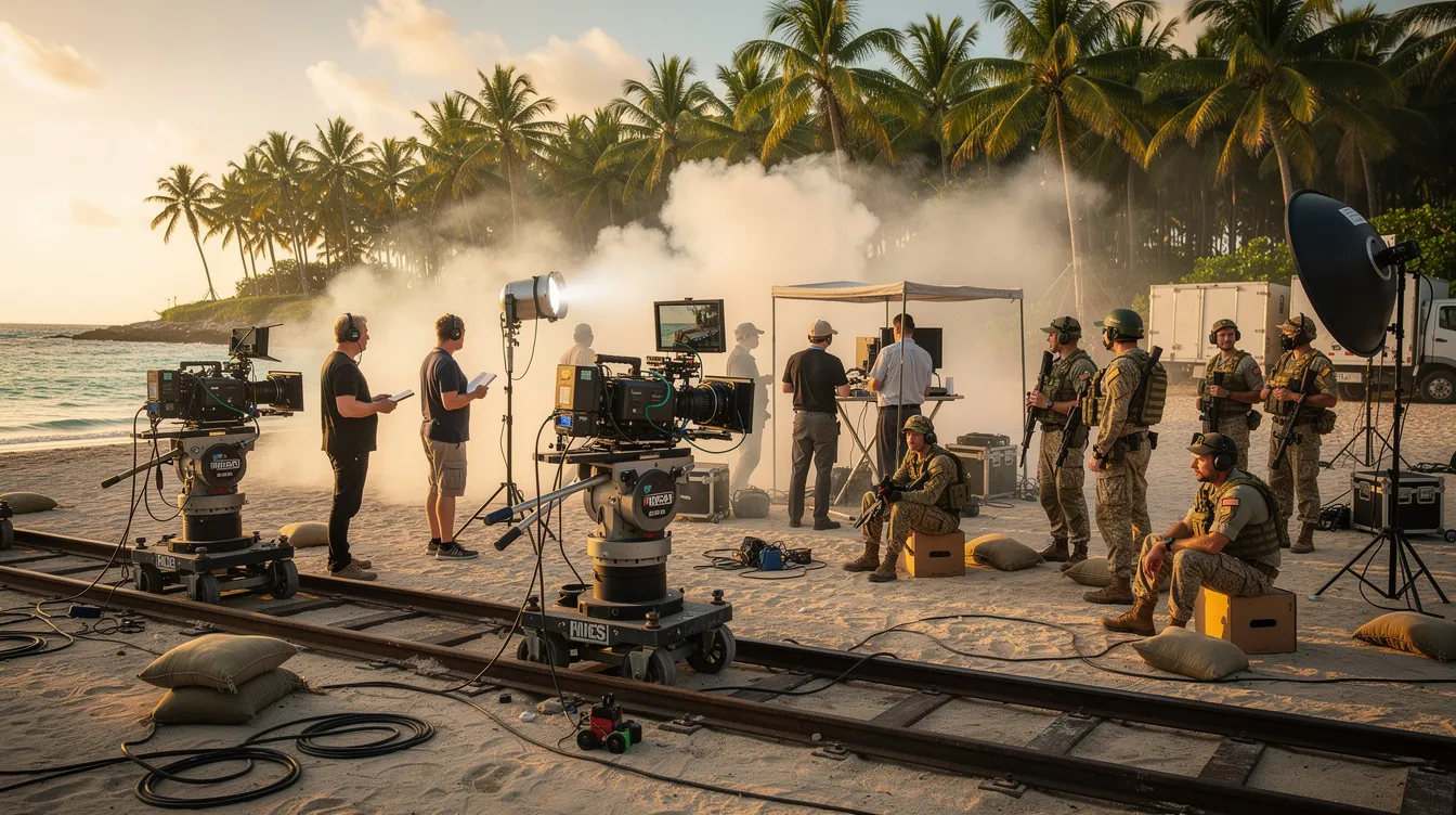 Am Set einer tropischen Strandkulisse für "Rogue One: A Star Wars Story" arbeiten Filmcrewmitglieder, während Kameras auf Schienen positioniert sind und Rauchmaschinen für dramatische Effekte sorgen. Komparsen in militärischer Ausrüstung warten gespannt auf ihren Einsatz in dieser spannenden Szene des Star Wars-Universums.