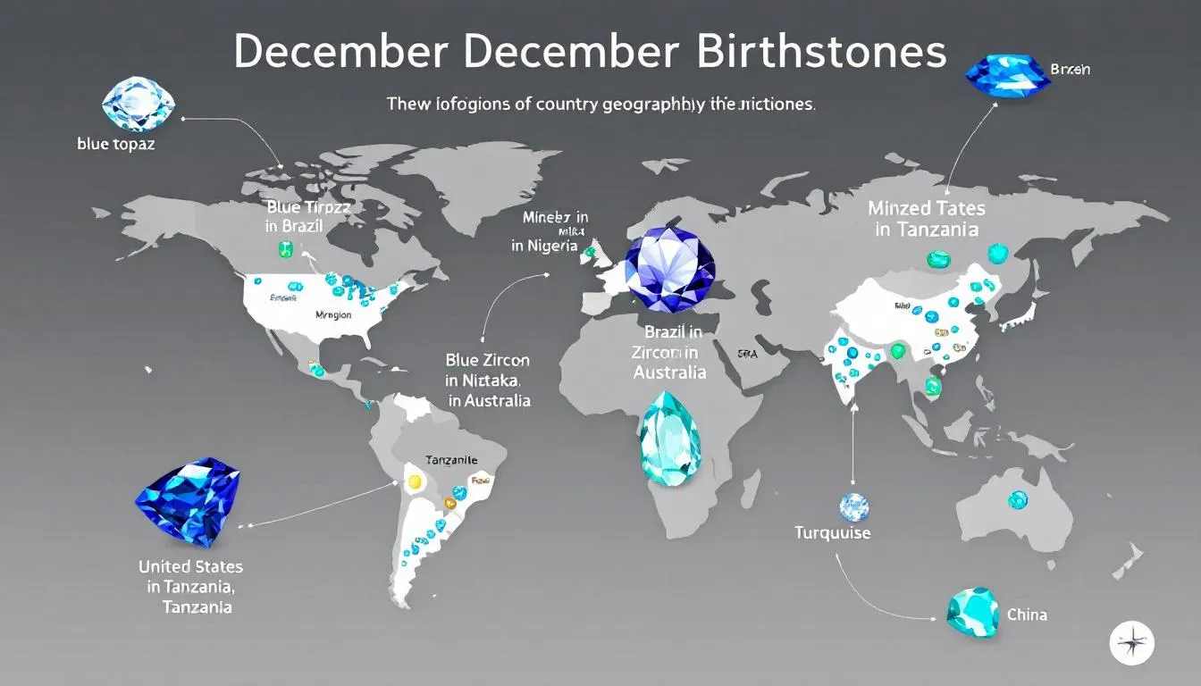The image depicts various sources where December birthstones, including blue topaz, blue zircon, tanzanite, and turquoise, are mined. These precious gems, celebrated for their stunning hues like sky blue and violet, are often crafted into beautiful December birthstone jewelry such as earrings, necklaces, and rings.