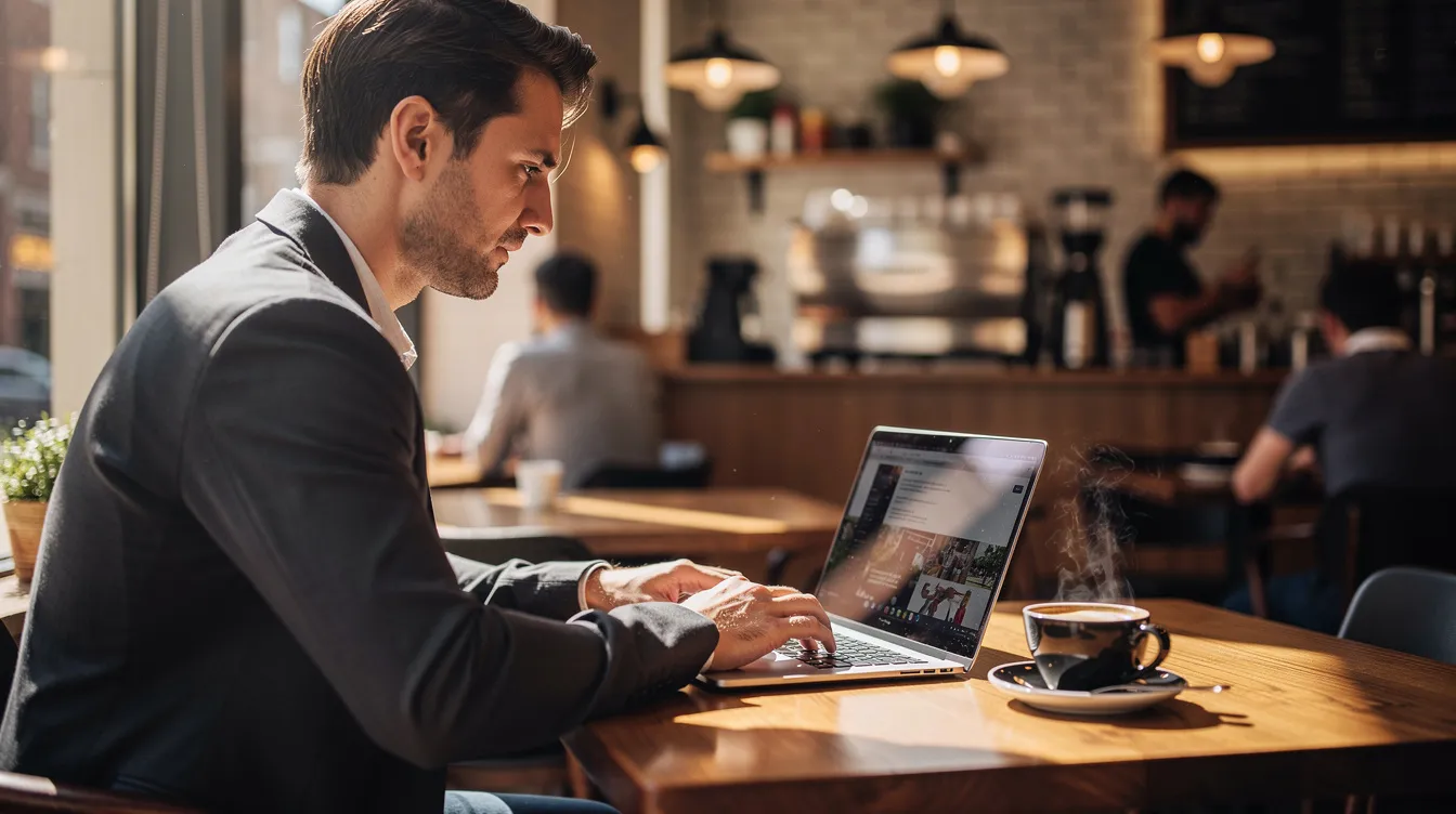 A freelancer is seated at a café, focused on their laptop while enjoying a cup of coffee. The scene captures the essence of remote work, highlighting the convenience of using payment methods like PayPal and Payoneer for receiving international payments and managing business finances.