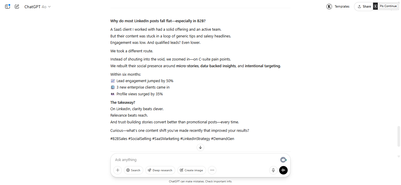 ChatGPT output showing a LinkedIn post based on a client success story with anonymized details and key lessons
