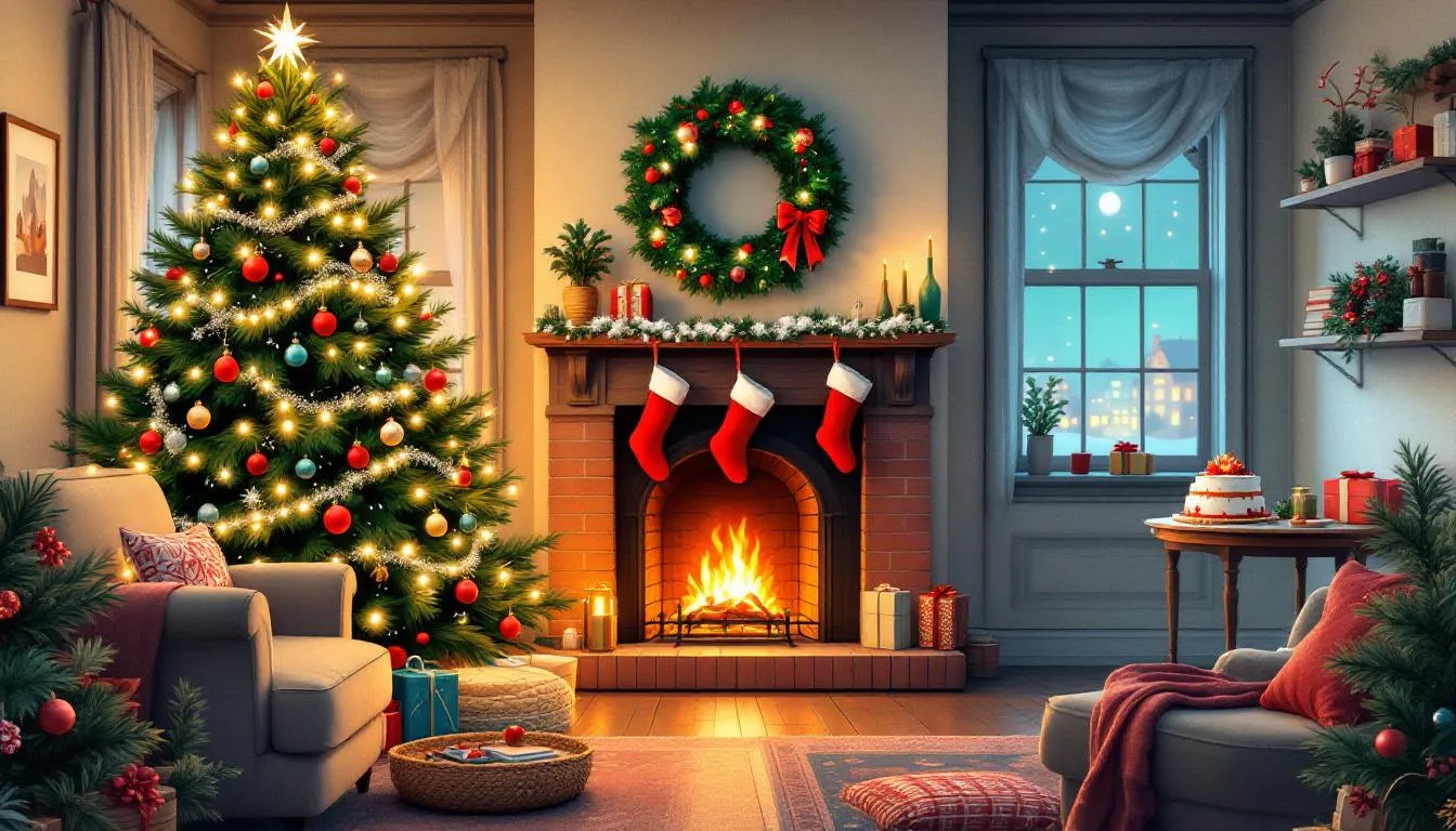 A cozy home decorated for the holiday season, showcasing holiday lights and decorations while emphasizing fire safety.