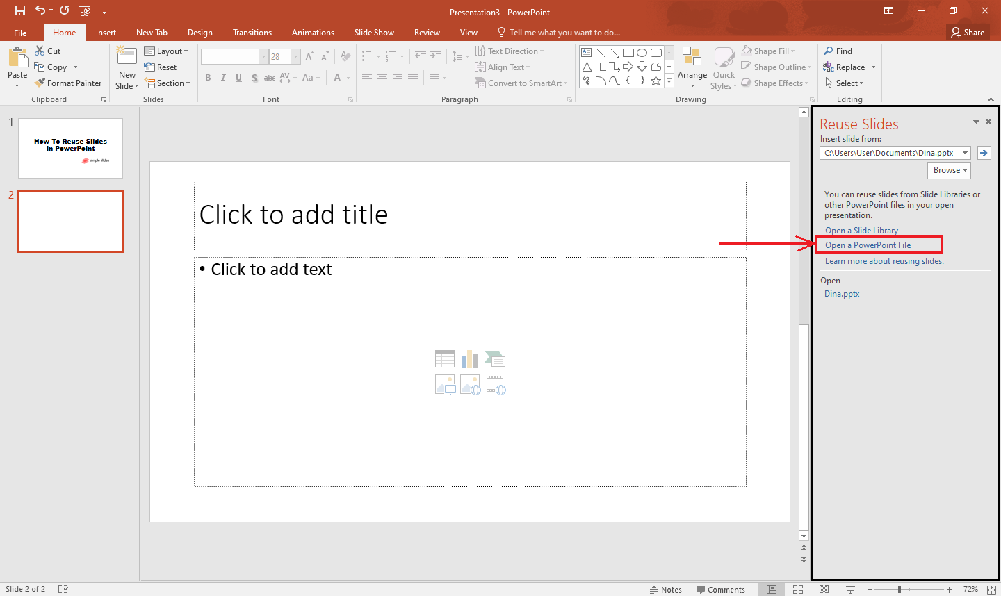 In the "Reuse Slides task pane, click "Open a PowerPoint File" option.