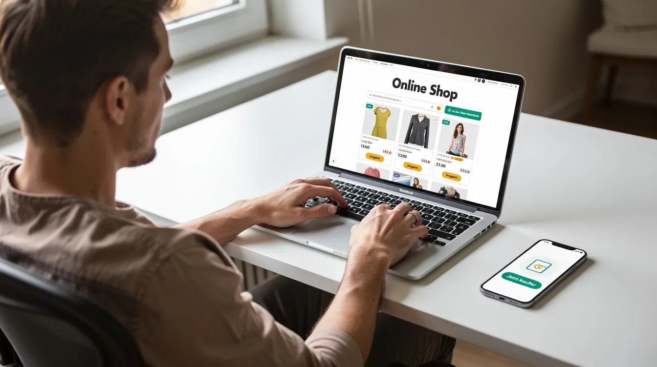 Eine Person sitzt an einem Laptop und hat ein Smartphone neben sich, während sie online auf Aliexpress einkauft. Sie durchstöbert verschiedene Produkte und Artikel, um die neuesten Angebote und Trends zu finden.