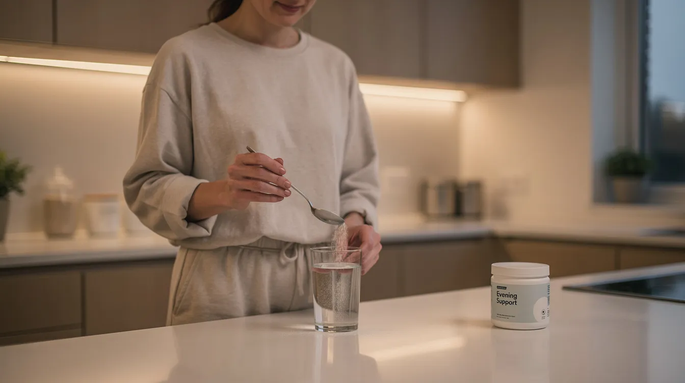A person is calmly preparing a simple evening supplement drink in a well-organized kitchen, possibly containing creatine monohydrate, which is known for its potential effects on muscle recovery and cognitive function. This peaceful scene highlights the importance of maintaining overall health and sleep quality, especially for those concerned about sleep deprivation and its impact on brain health.