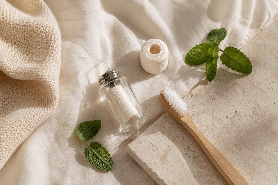 dental floss tooth brush on natural background