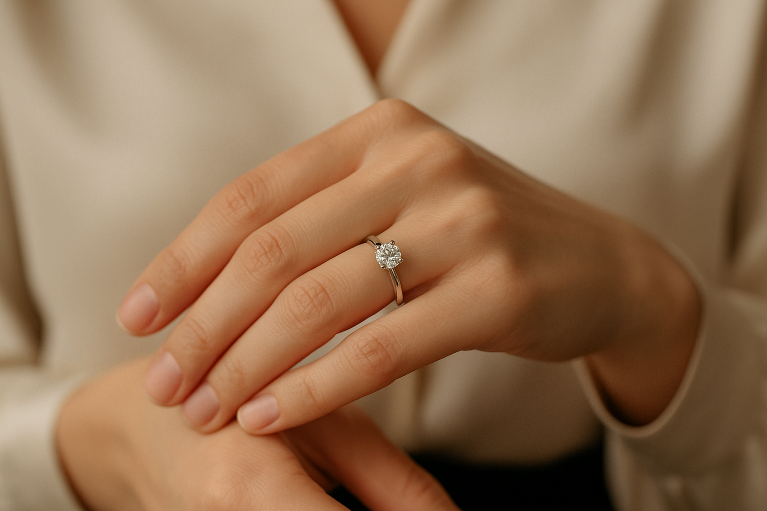 Teemantsõrmus elegantse naise käel – FashionGold.lt kollektsioon.