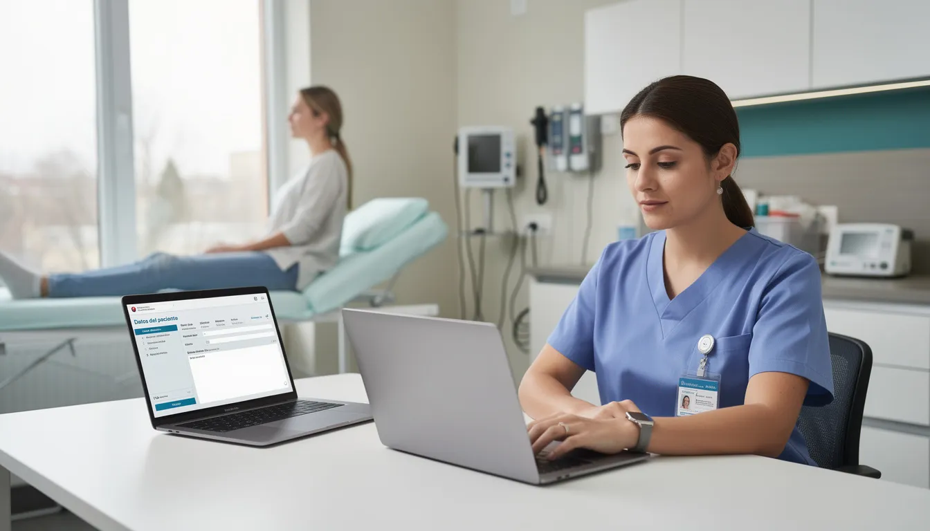 Un profesional de salud está utilizando una laptop en un consultorio moderno para registrar información de un paciente en el expediente clínico, asegurando la protección de los datos y la calidad en la atención. El ambiente refleja un enfoque en la gestión eficiente de la información y la seguridad del paciente.