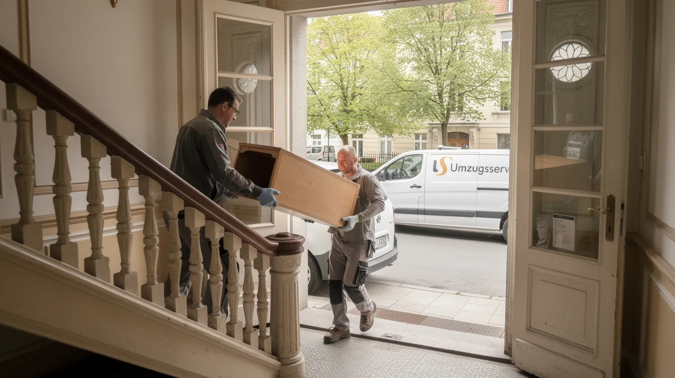 Ein professionelles Team mit Handschuhen trägt Möbel aus einem Altbau-Treppenhaus in eine ruhige Wohnstraße. Diese Szene zeigt die Sorgfalt und den Einsatz der Mitarbeiter eines Entrümpelungsunternehmens in Bremen, die sich um die Haushaltsauflösung kümmern.