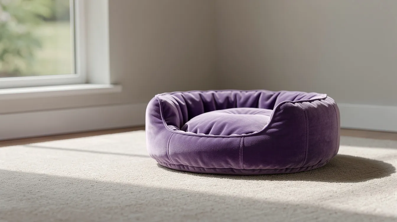 A purple cat bed is placed on a light beige carpet next to a window, creating a cozy spot for felines to relax. This vibrant color may be attractive to cats, even though their color vision is limited compared to humans.